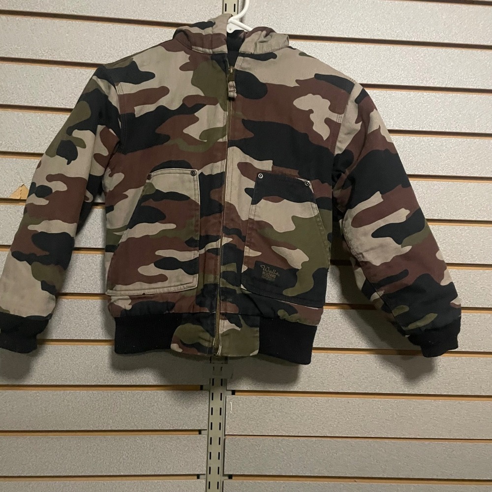 Walls Blizzard Pruf Kids Camo Hooded Bomber Jacket Insulated Work Coat Size 8/10